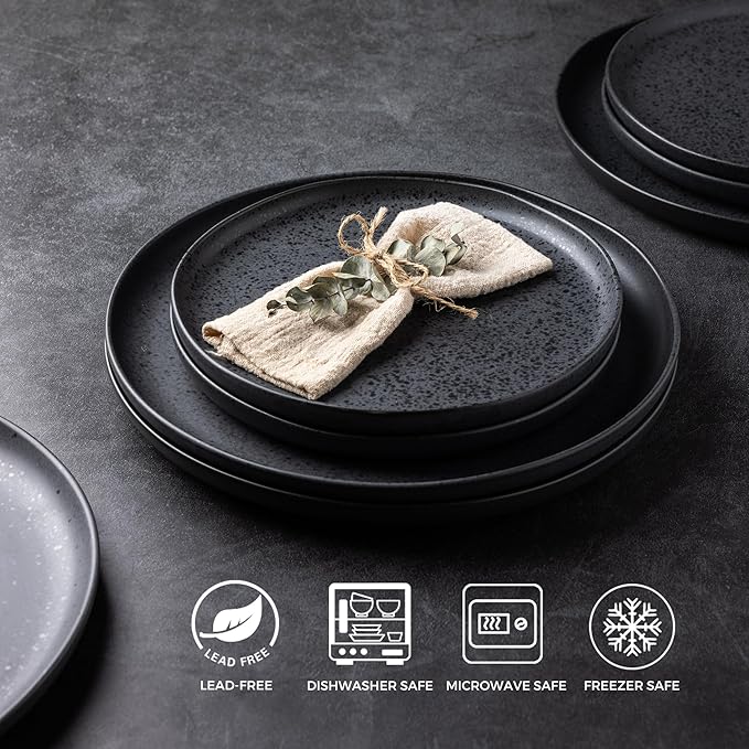 AmorArc Ceramic Dinner Plates Set of 6, Wavy Rim 10.25 Inch Stoneware Dish Set, Dinnerware Plates for Kitchen-Microwave&Dishwasher Safe, Scratch Resistant-Reactive Glaze Matte Speckled Black