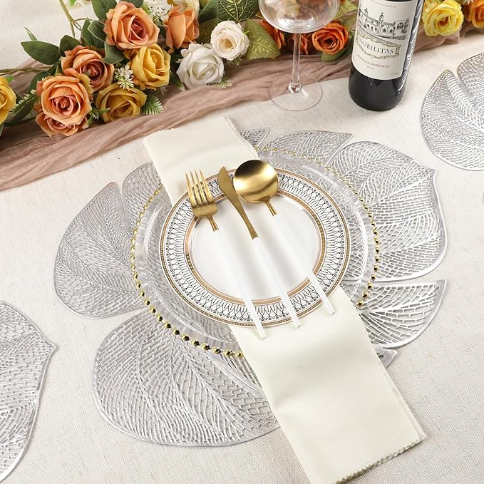 Evevda Silver Leaf Shaped Vinyl Placemats for Dinner Table Set of 6 Metallic Plastic Place Mats Wipeable 6Pcs Table Mats for Wedding Annersary Dinner Table Decoration Mats(17.7x13.8inch/45x35cm)