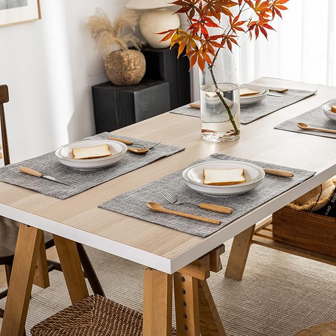 Kevin Textile Burlap Linen Placemats Set of 6 Heat Resistant Dining Table Place Mats Washable Kitchen Table Mats for Dinning Party Holiday Indoor Outdoor, 13 x19 inches, Light Grey