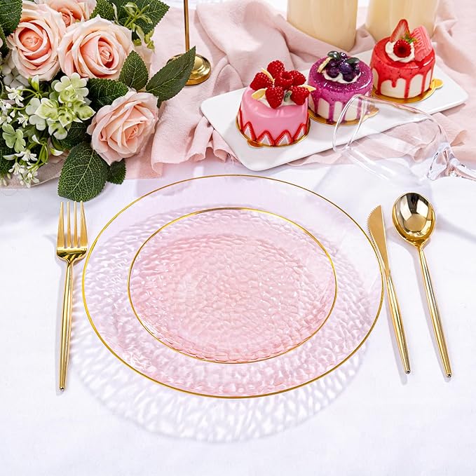 Rubtlamp 100 Pcs Pink Gold Dessert Plates hammered party plates, Pink Disposable Plates With Gold Rim, 7 Inch Dessert Platos Disposable, Plastic Appetizer Plates Perfect for Mother's Day