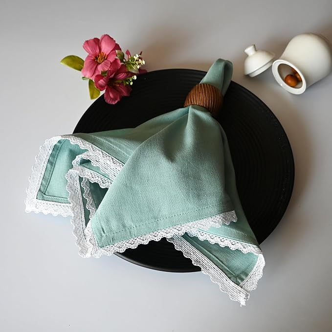 Fingercraft Dinner Cloth Napkin Cotton Linen Blend 12 Pack Mitered Corners with Elegant Lace for Everyday Use Napkins are Pre Shrunk and Good Absorbency (Aqua, 12in x 12in)