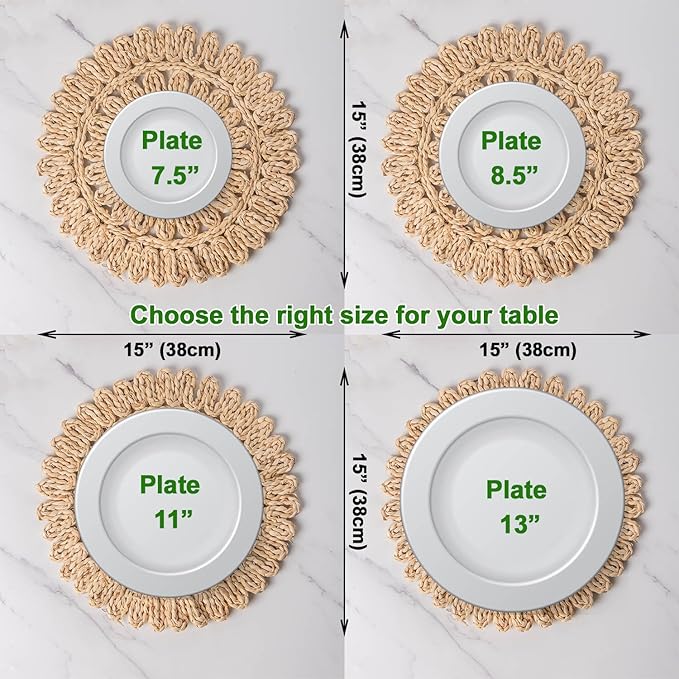 15" Set of 6 Round Corn Husk Placemats | Boho Woven Rattan Table Mats | Farmhouse Wicker Spring Plate Chargers Like Water Hyacinth, Seagrass for Wedding, Party, Christmas, Events