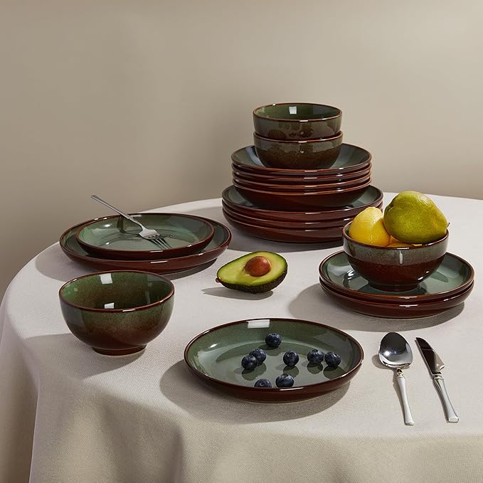 24 Piece Double Bowl Dinnerware Sets with Pasta Bowls, Highly Chip and Crack Resistant Plates and Bowls Sets, Natural Earthyware Ceramic Dishware Sets, Service for 6 Brown Green