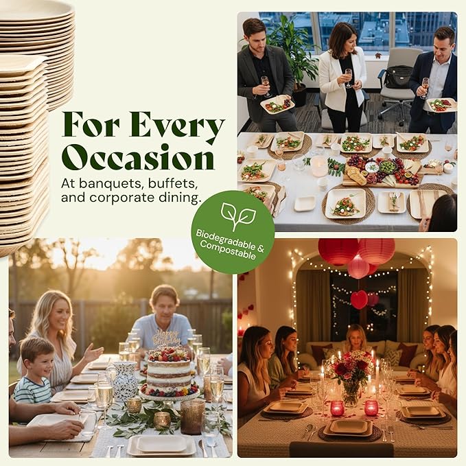 Chic Leaf Round Palm Leaf Plates - 10", Pack of 100 - Durable Party Pack - Dinner Eco Friendly Party Supply & Wedding Plates - For Charcuterie Board Accessories, Romantic Dinner for 2