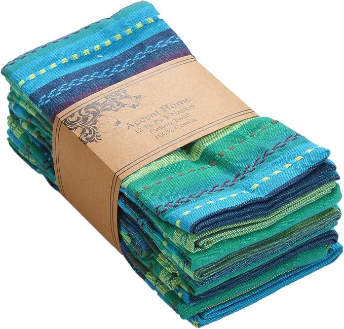 ACCENTHOME 100% Cotton Salsa Stripe Napkin Set of 12 18x18 inch Blue/Teal Multicolour Dinner Napkins - Washable Soft Premium Hotel Quality Napkins Perfect Table Linen for Family Dinners Weddings