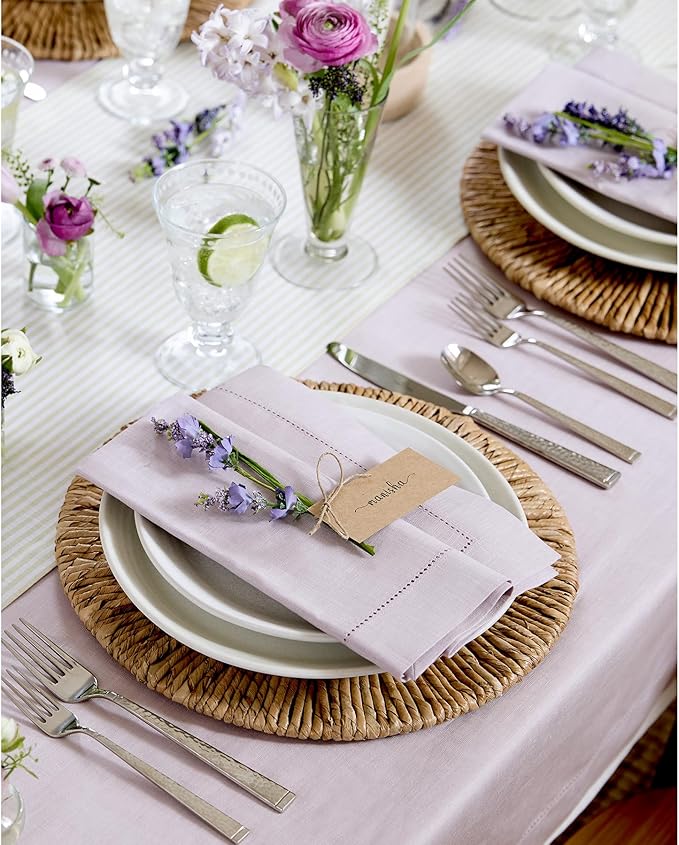 Solino Home Lilac Linen Tablecloth 52 x 52 Inch - 100% Pure Linen Square Table Throw - Classic Hemstitch, Machine Washable Table Cloth for Valentines, Spring, Easter