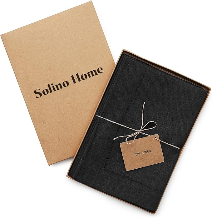 Solino Home Black Linen Napkins Set of 6-100% Pure Linen Hemstitch Dinner Napkins 20 x 20 Inch for Winter, Spring, Easter - Classic Hemstitch