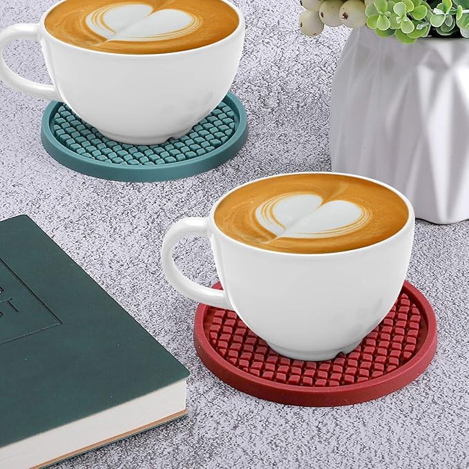 ME.FAN Silicone Coasters [6 Pack] Thickened Drink Coasters with Holder - Cup Mat - Non-Slip, Non-stick, Stay Put, Deep Tray - Prevents Furniture and Tabletop Damages(Wine Red)