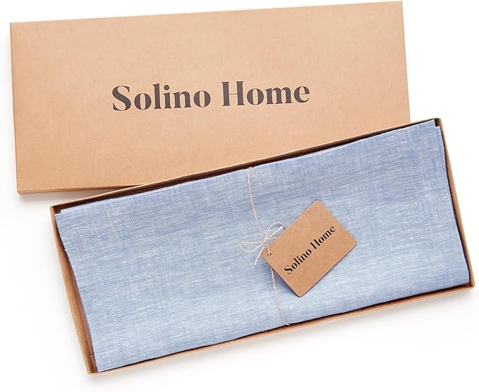 Solino Home Linen Table Runner 72 Inches Long - Athena, 100% Pure Linen Chambray Blue Table Runner 14 x 72 Inch for Dining, Winter, Spring, Easter