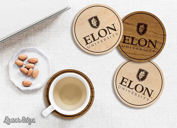 LazerEdge Elon University Phoenixes Wooden Coaster Set - Maple Wood - Officially Licensed Product - 4-Pack