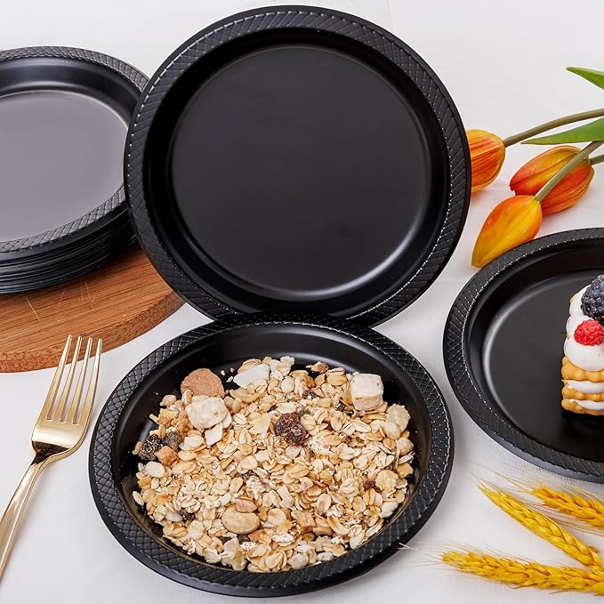 WELLIFE 7 Inch Black Dessert Plates 150 Count, Disposable Plastic Dessert Plates for Party Cake Appetizers Salad Picnic BBQ Easter