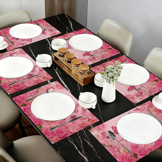 Table Placemats Set of 6,Spring Flowers Cloth Placemats,Pink Butterfly Rose Floral Heat-Resistant Table Mats for Kitchen Dining Room Decoration,Non-Slip Fabric Place Mats 11.8x17.7 Inch