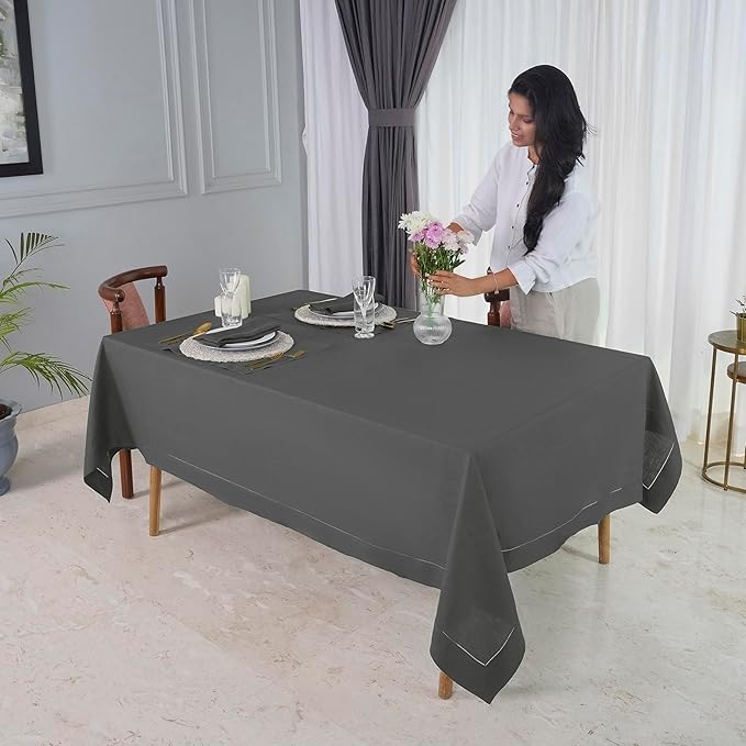 D'Moksha Homes Charcoal Grey Linen Tablecloth for Rectangle Tables 60 x 144 Inch - 100% Pure Linen Grey Table Cloth - Classic Hemstitch, Machine Washable Dining Tablecloth for Spring, Easter