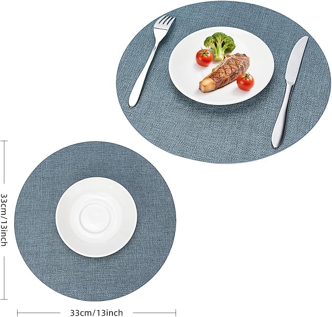 Round Wipeable Placemats Set of 2 – Faux Leather Round Table Mats, Waterproof & Washable Vinyl Placemats, Circle Design for Dining Table Decor– Charcoal Blue