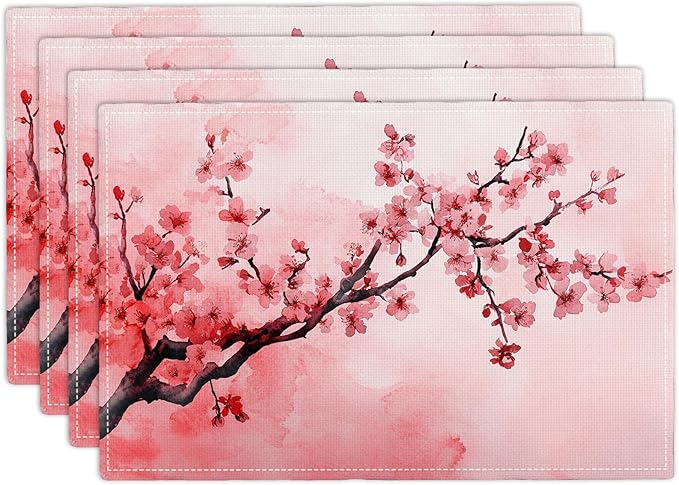 Japanese Cherry Blossom Placemats Set of 4, Pink Sakura Floral Place Mats, Flower Waterproof Washable Table Mats for Home Party Indoor Kitchen Dining Table Decoration 12x18 Inch