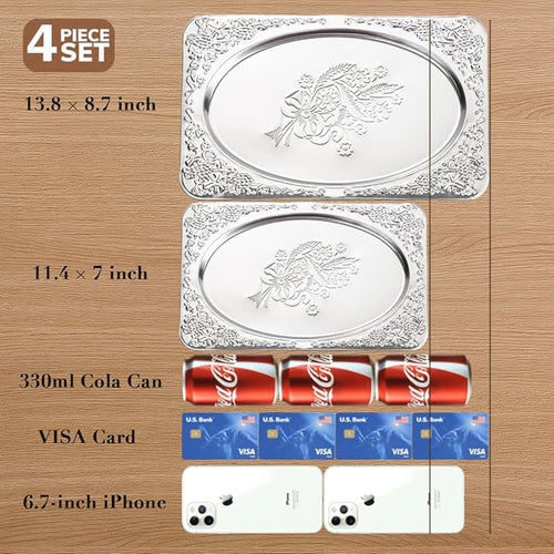4-Pack Silver Serving Trays Set - ZENOVLUX Vintage Floral Engraved Mirror Decorative Tray, 13.8" x 8.7" Party Platters for Valentine's Day, Food, Appetizer, Charcuterie, Cookies, Desserts