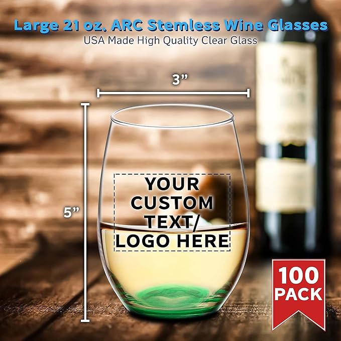 DISCOUNT PROMOS 100 ARC Stemless Wine Glasses Set, 21 oz. - Customizable Text, Logo - Chardonnay, Cabernet, Merlot, Sauvignon - Green