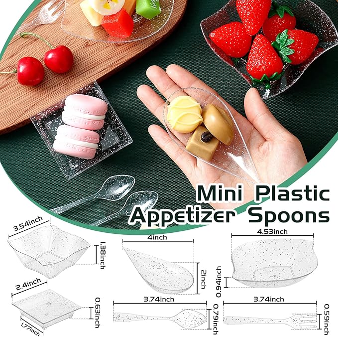 Tessco 800 Pcs Mini Appetizer Plates Set Including 400 Disposable Dessert Plates Assorted Shape 200 Mini Plastic Forks 200 Plastic Spoons for Party(Clear, Silver,Classic)
