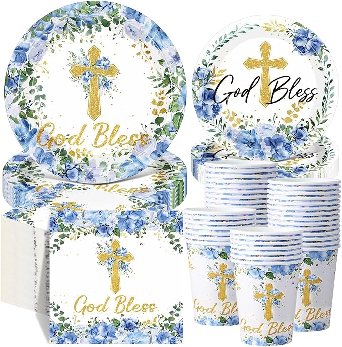 Pickmesh 250 Pcs Blue Baptism Cross Disposable Tableware Set First Holy Communion Baptism Disposable Paper Plates Napkins and Cups for Christening Celebration Baby Shower Religious Supplies