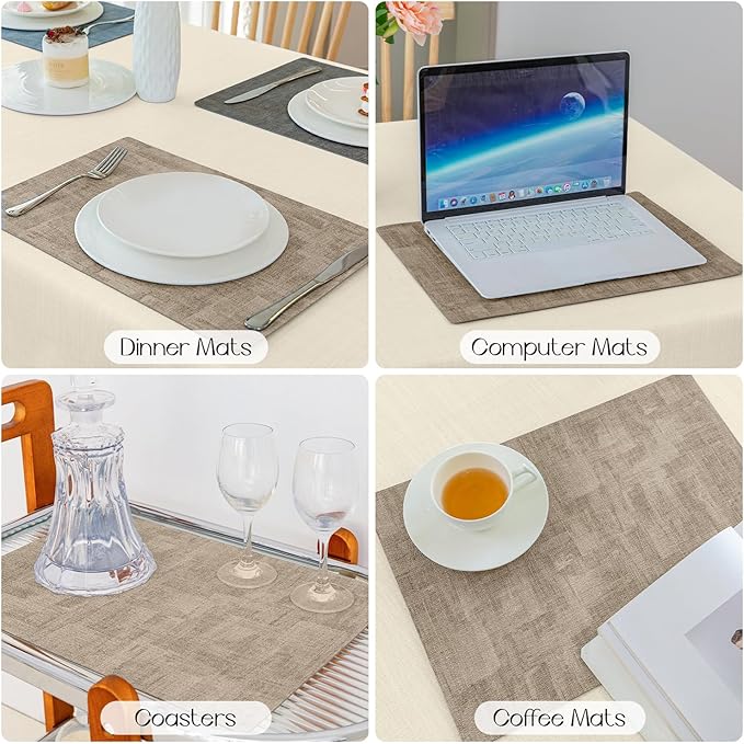 Romanstile Reversible Vinyl Placemats Set of 6, Faux Leather 100% Waterproof Oil-Proof Wipeable Place Mats, Heat Resistant Dual Sided Table Mats for Kitchen/Dining/Party (Grey Khaki, 12 x 17 Inch)
