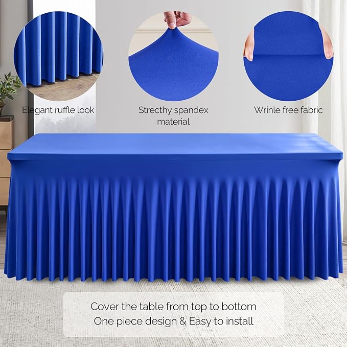 Wish Care 2 Pack Royal Blue Spandex Table Clothes for 4 Foot Rectangle Tables, 4FT Wrinkle Free Fitted Tablecloths Ruffles Design Table Cloth for Party, Banquet, Wedding and Events