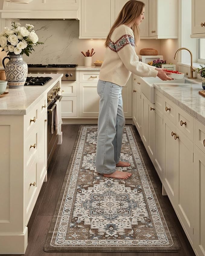 Color&Geometry Anti Fatigue Kitchen Mats for Floor 24x87, Vintage Decor, Easy Clean, Waterproof & Oil Proof, 0.4" Thick Cushioned, Non-Slip Kitchen Runner Rug for Sink, Laundry, Office, Brown