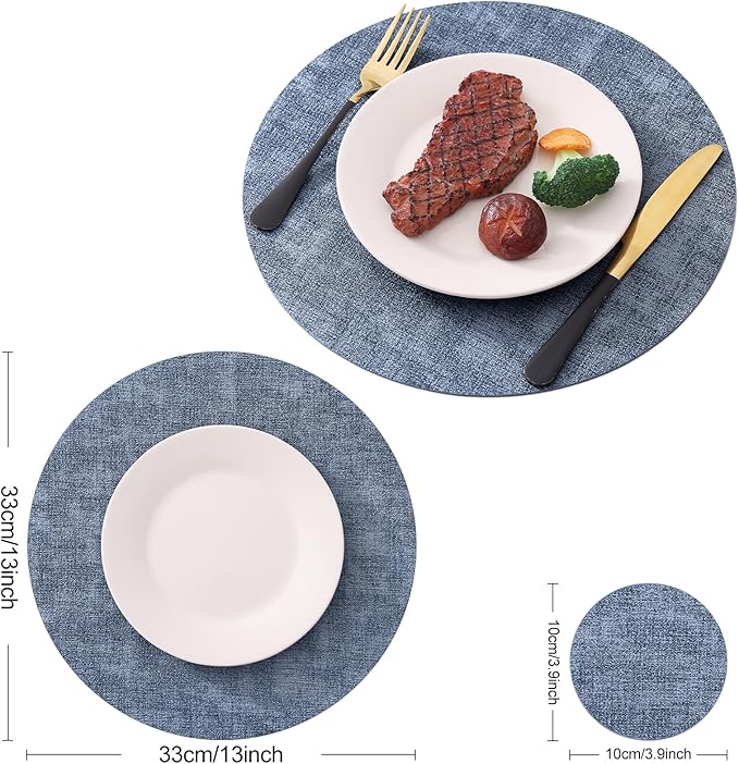 Homaxy Round Faux Leather Placemats and Coasters, Washable Dual-Side Table Mats, Wipeable Heat-Resistant Dining Place Mats for Outdoor and Indoor, Set of 4, Diameter 13 and 3.93 inch, Blue