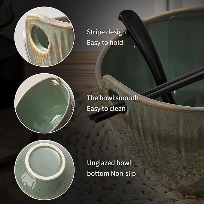Ramen Bowl with Chopsticks and Spoons Set, 7 Inch Ceramic Noodle Bowl Set of 2, Dishwasher Safe for Pho Udon Soba Noodle Salad Pasta, Special Reactive Glazed Green Bowls Set