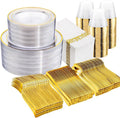 WELLIFE 350Pcs Clear and Gold Plastic Plates for 50 Guests - Disposable Plates for Party, Includes 100 Gold plates,150 Plastic Silverware, 50 Napkins, 50Cups, Disposable Dinnerware Set
