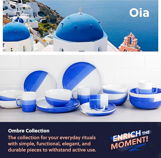 Ombre Dessert Plates Oia Blue - 8 inch Porcelain Plates Set - Appetizer, Ceramic, Salad Plates Set of 4 - Ombre Dinnerware Collection
