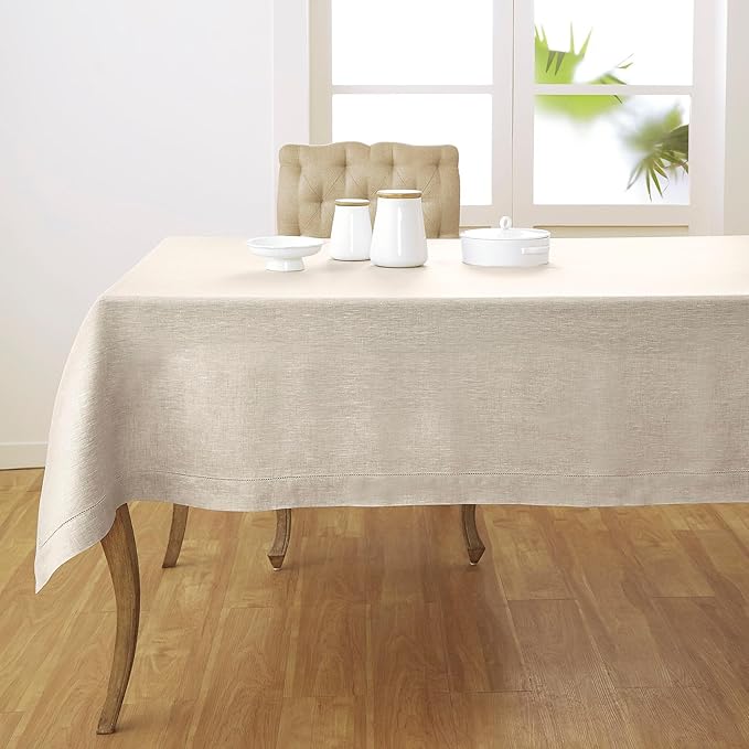 Solino Home Linen Light Natural Tablecloth 60 x 144 Inch - Classic Hemstitch, 100% Pure Linen Rectangular Tablecloth - Machine Washable Table Cloth for Spring, Easter