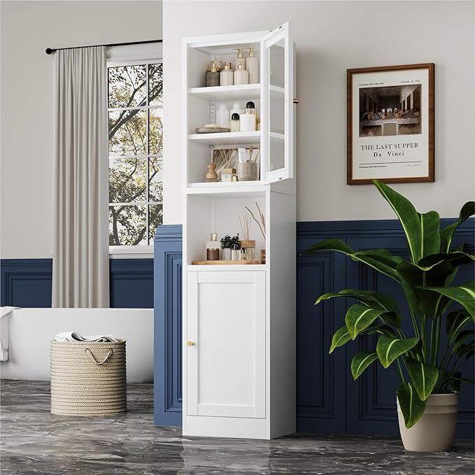 Metal Storage Cabinet with Glass Door, Tall Slim Pantry Organizer with 3 Adjustable Shelves (120LBS/Shelf), Anti-Tipping Waterproof Cabinet for Kitchen/Home Office/Small Spaces,(1PC,White)