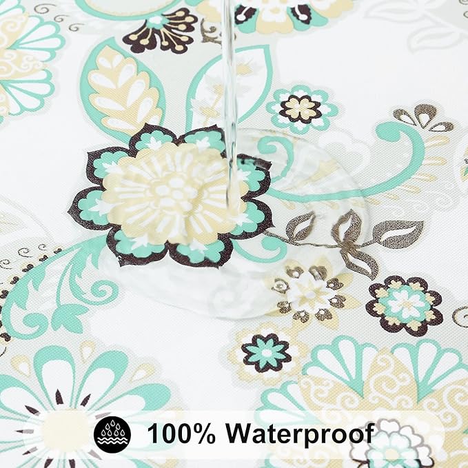 Smiry Rectangle Table Cloth Cover, Waterproof Elastic Fitted Picnic Tablecloth for 4 Foot Tables, Wipeable Flannel Backed Vinyl Tablecloths for Camping, Dining, Outdoor (Teal & White, 30" x 48")