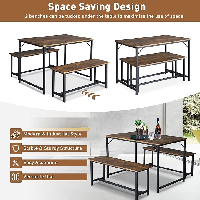 Kitchen Table Set with 2 Benches, Breakfast Nook Table Set, Wood Dining Table Set for 4-Person Space-Saving Dinette for Kitchen, Farmhouse Classic Modern, Rustic Brown