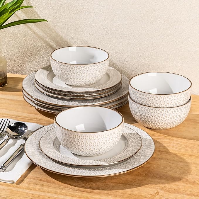 GBHOME Ceramic Dinnerware Sets,18 pcs Embossed Elegant Stoneware Plates and Bowls Sets, Housewarming Wedding Gift | Dishwasher & Microwave Safe | Dishes Set Service for 6