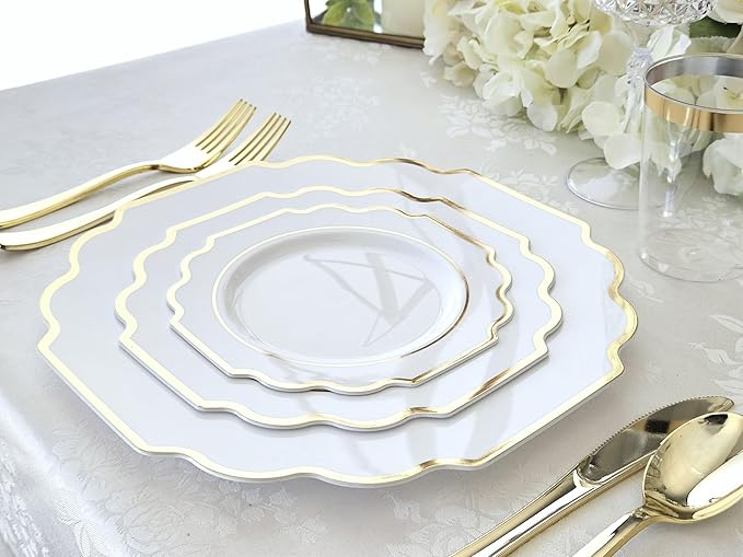 " OCCASIONS " 80 Plates Pack,(40 Guests) Heavyweight Wedding Party Disposable Plastic Plates Set -40 x 10.5'' Dinner + 40 x 8'' Salad/Dessert Plate (Imperial White & Gold)
