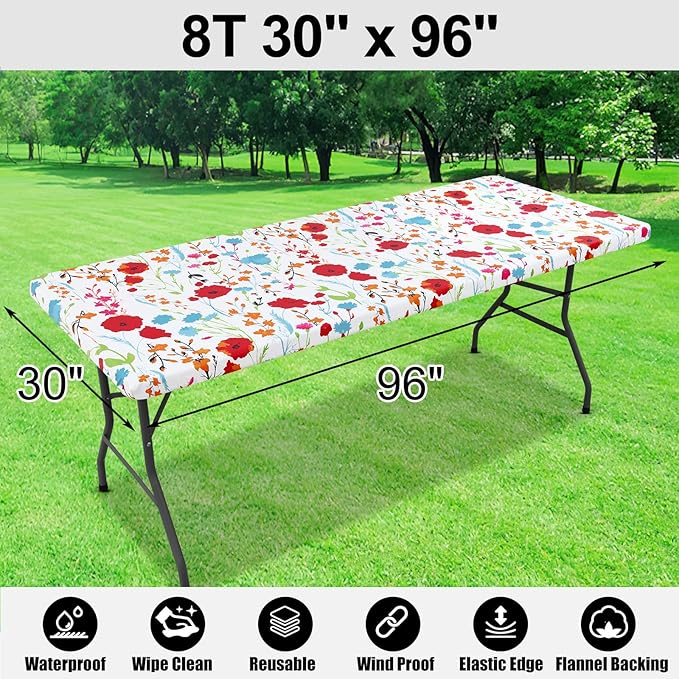 Smiry Rectangle Table Cloth Cover, Waterproof Elastic Fitted Picnic Tablecloth for 8 Foot Tables, Wipeable Flannel Backed Vinyl Tablecloths for Camping, Dining, Outdoor (Off White, 30" x 96")