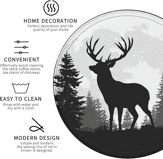 Deer Coasters Leather Round Drink Coasters 6 Pcs Set with Holderor for Cup Drink Coffee Table Bar Home Decor