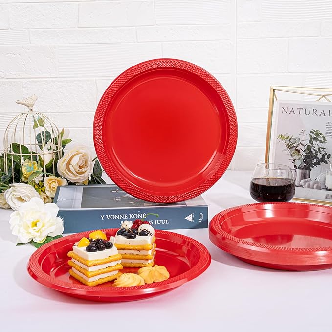 WELLIFE Red Party Plates 10 Inch -150 Count, Plastic Disposable Plates for Valentine's Day Dinner Party Easter Mother's Day