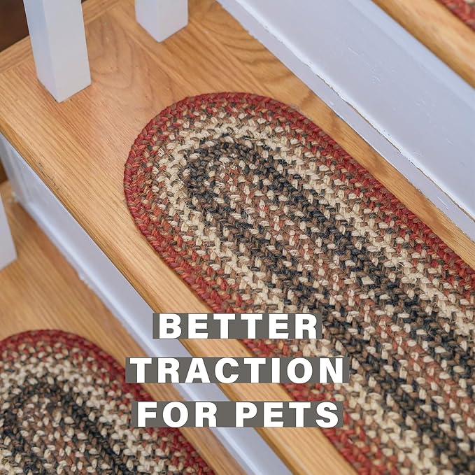 Homespice Chester Jute Braided Stair Treads for Wooden Steps, Country Cabin Decor, Set of 13, Red 8x28 Rectangle Rug for Stairs - Easy to Clean, Tightly Stitched and Durable