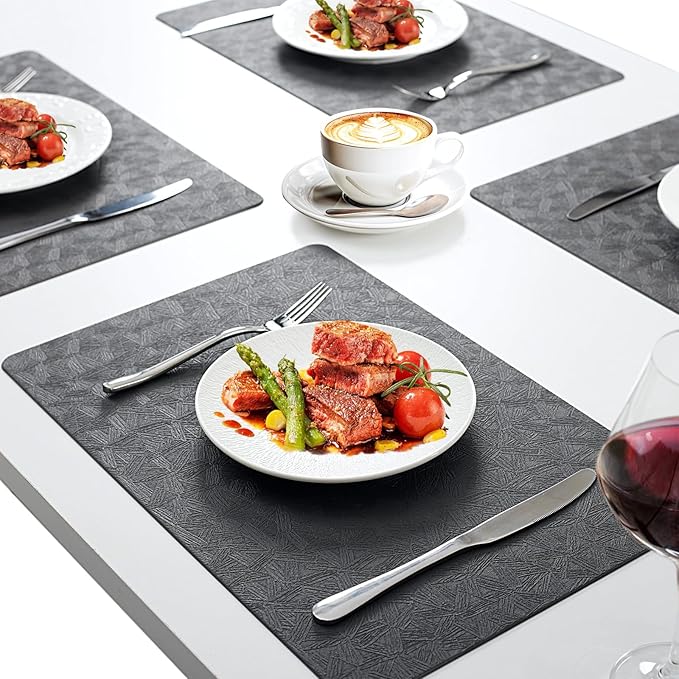 Vinyl Placemats Set of 12 Faux Leather 100% Waterproof Wipeable Washable Place Mats Heat Resistant Easy Clean Non-Slip Table Mats for Indoor Outdoor. (12,Gray)