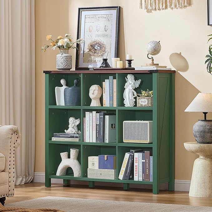 9 Cube Storage Organizer, Farmhouse 47 Inch Wide Vintage Green Bookshelf, Wooden 3 Tier Display Large Open Book Shelf, Rustic Bookcase for Home Office, Cubby Storage Cabinet for Living Room