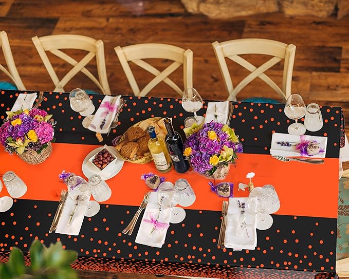 Oudain 6 Pcs Black and Orange Tablecloth for Parties Plastic Dot Tablecloths Printed Table Runner Waterproof Disposable Rectangle Table Cover for Christmas Birthday Wedding Party, 54" x 108"