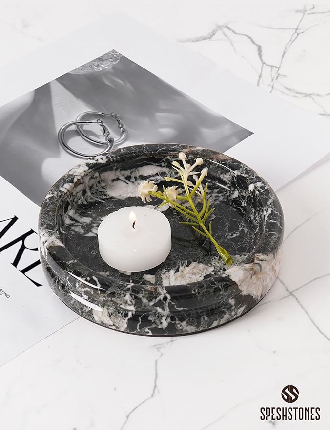 Marble Jewelry Dish 5 Inch Handmade Black Small Trinket Dish, Necklace & Ring Holder for Vanity Decor Accessories, Candle Plate, Key Bowl & Perfume Organzier, Gifts for Women