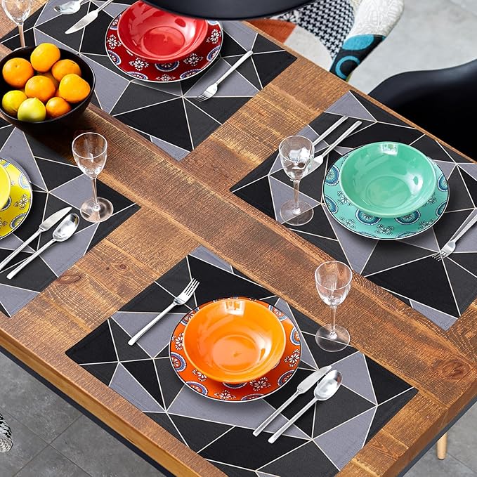 Black Table Mats Set of 4 - Mid Century Modern Placemats Gray Table Mats 12x18 for Party Kitchen Dining