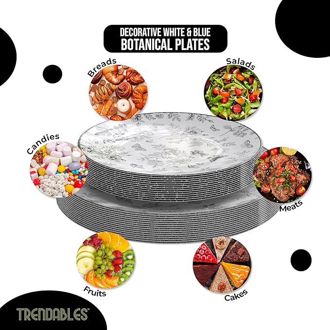 Trendables Disposable Plates For Party Supplies | Black Floral Plastic Plates For Wedding 200 Pcs - 100 X 8 & 100 X 10 Dinner Plate Sets | Floral Plate Set Disposable Plastic Dinnerware Sets