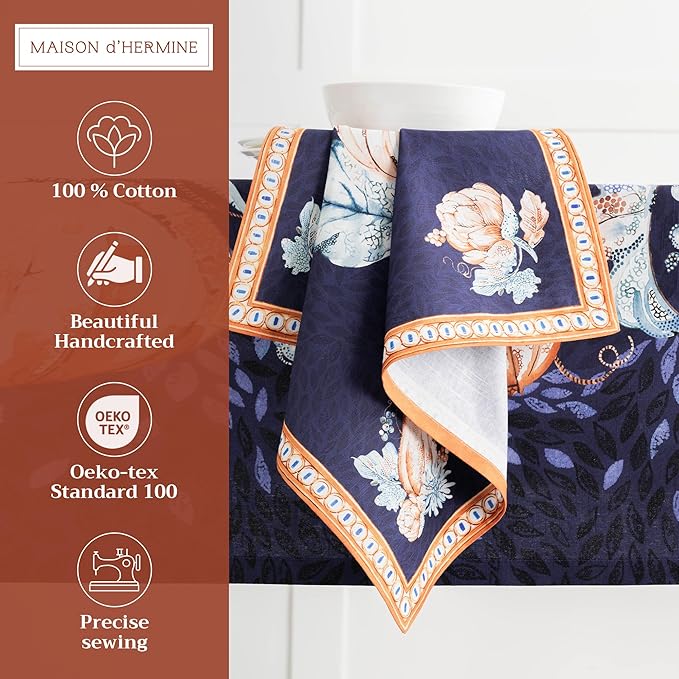 Maison d' Hermine Cloth Napkins Set of 4 100% Cotton for Thanksgiving Christmas Decorations Everyday Reusable Square Fall Napkins Cloth Washable Dinner Party (Pumpkin Blues, 20"x20")
