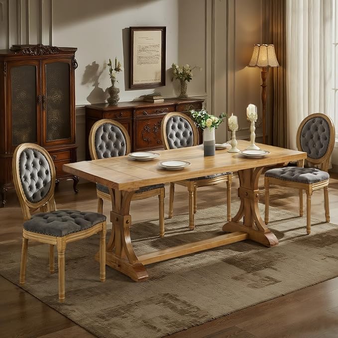 SoarFlash French Dining Chairs Set of 2, Vantage Dining Chair with Round Back, Wood Leg Farmhouse Country Velvet Dining Chair for Kitchen,Bedroom,Grey