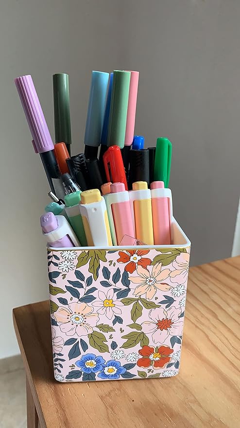 Pen Pencil Holder, Makeup Brush Holder,Ceramic Remote Control Holders Organizer with 2 Compartment Floral Multi-functional Office Organizers Storage Caddy Desk Tv Remote Holders Pink Flowers