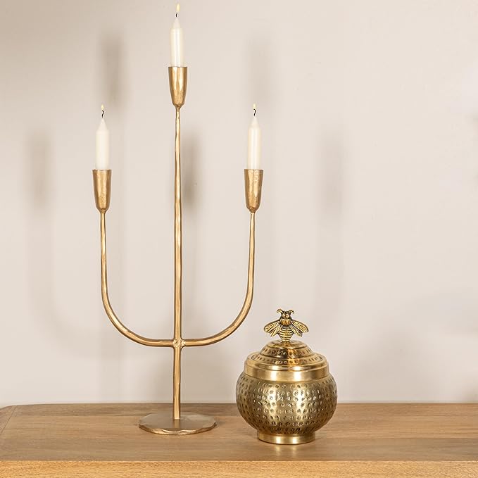 Round Hammered Metal Container with Bee Finial, Brass Finish